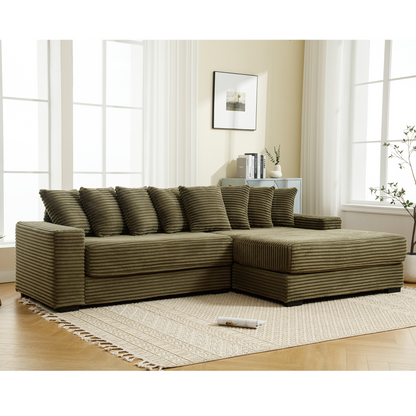 Oversized Two-Piece Couches, L Shaped Sofa, Corduroy, Right Chaise Daybed,with Armrests,Eight Throw Pillows,Corner Sofa,Easy To Assemble, Green