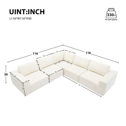 Sofá modular seccional en forma de L de 116 x 116 pulgadas, juego de sofá de piso de lujo, muebles de interior tapizados, sofá de espuma comprimida para sala de estar y dormitorio, combinación de 5 piezas, 3 colores