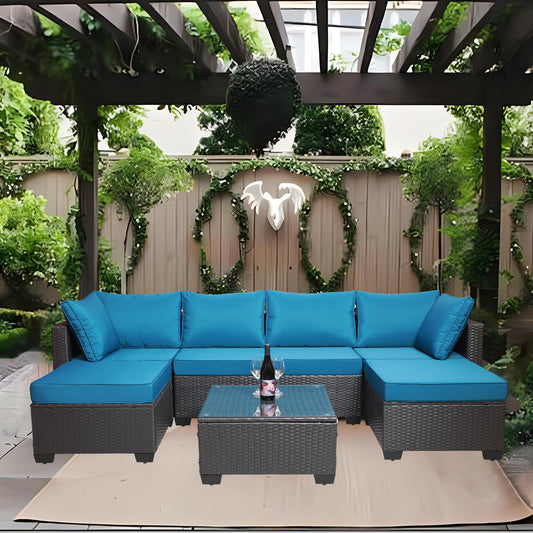 7pc Light Blue Patio Set – Outdoor Rattan Sectional w/ Glass Table