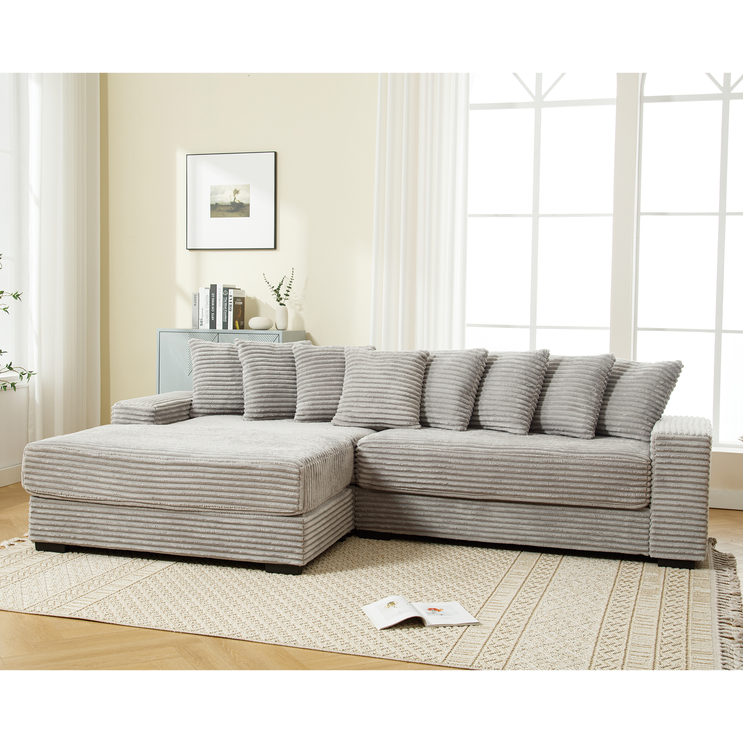 Oversized Two-Piece  Couches,  L Shaped Sofa, Corduroy, Left Chaise Daybed,with Armrests,Eight Throw Pillows,Corner Sofa,Easy To Assemble,  Gray