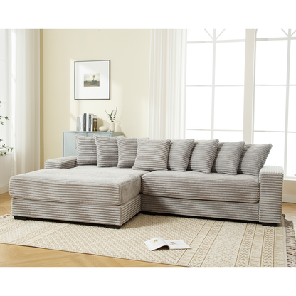 Oversized Two-Piece  Couches,  L Shaped Sofa, Corduroy, Left Chaise Daybed,with Armrests,Eight Throw Pillows,Corner Sofa,Easy To Assemble,  Gray