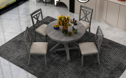 TREXM 5-Piece Retro Functional Dining Table Set Extendable Round Table and 4 Upholstered Chairs for Dining Room and Living Room (Grey)