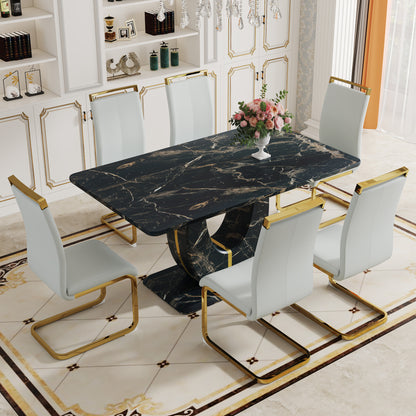 Table and chair set.Black Marble Pattern MDF Dining Table Set - 63"x37" with 6 Light Gray PU chairs with Featuring Arched Golden Metal legs.