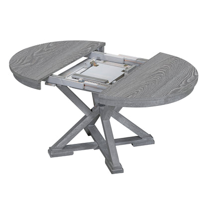 TREXM 5-Piece Retro Functional Dining Table Set Extendable Round Table and 4 Upholstered Chairs for Dining Room and Living Room (Grey)