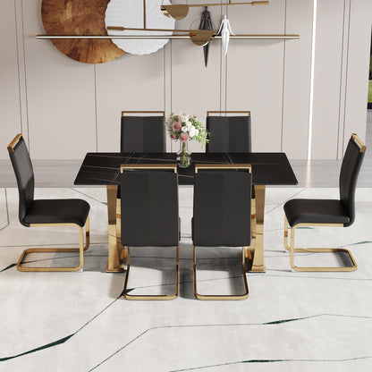 Table and chair set,Modern rectangular table with 0.4 inch black patterned tabletop and gold legs, suitable for kitchen, dining room, and living room , Comfortable PU seats,perfect for dinner, meet