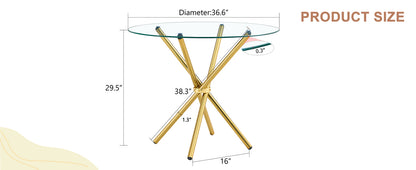 Round clear glass dining table with a unique shape for 4-6 people, with ring-shaped gathered gold metal legs, suitable for desks, kitchens, terraces, dining rooms.