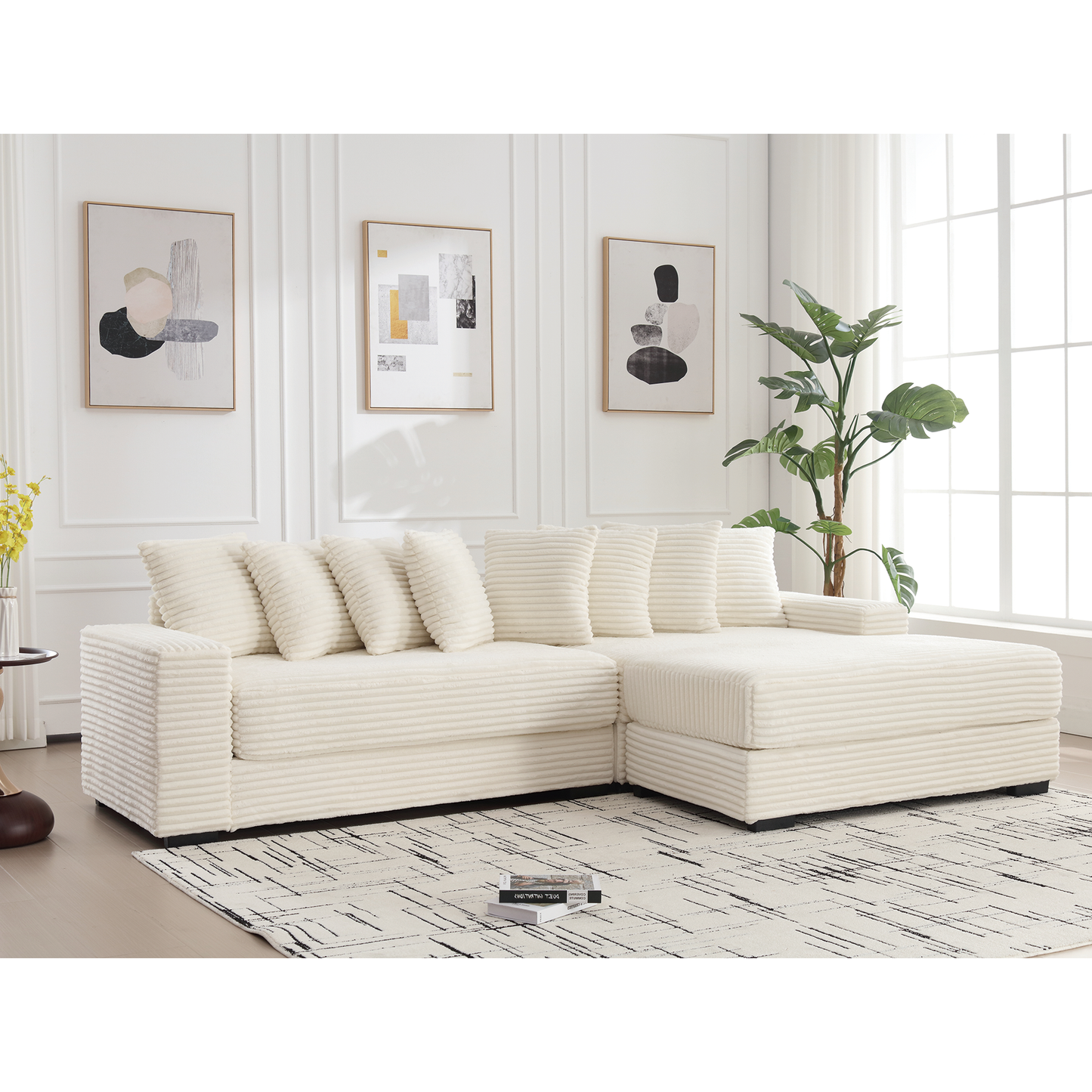 Oversized Two-Piece  Couches,  L Shaped Sofa, Corduroy, Right Chaise Daybed,with Armrests,Eight Throw Pillows,Corner Sofa,Easy To Assemble, Beige