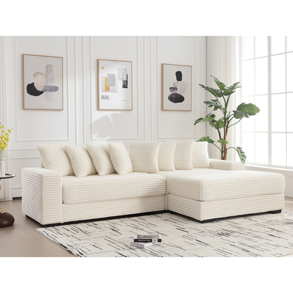 Oversized Two-Piece  Couches,  L Shaped Sofa, Corduroy, Right Chaise Daybed,with Armrests,Eight Throw Pillows,Corner Sofa,Easy To Assemble, Beige