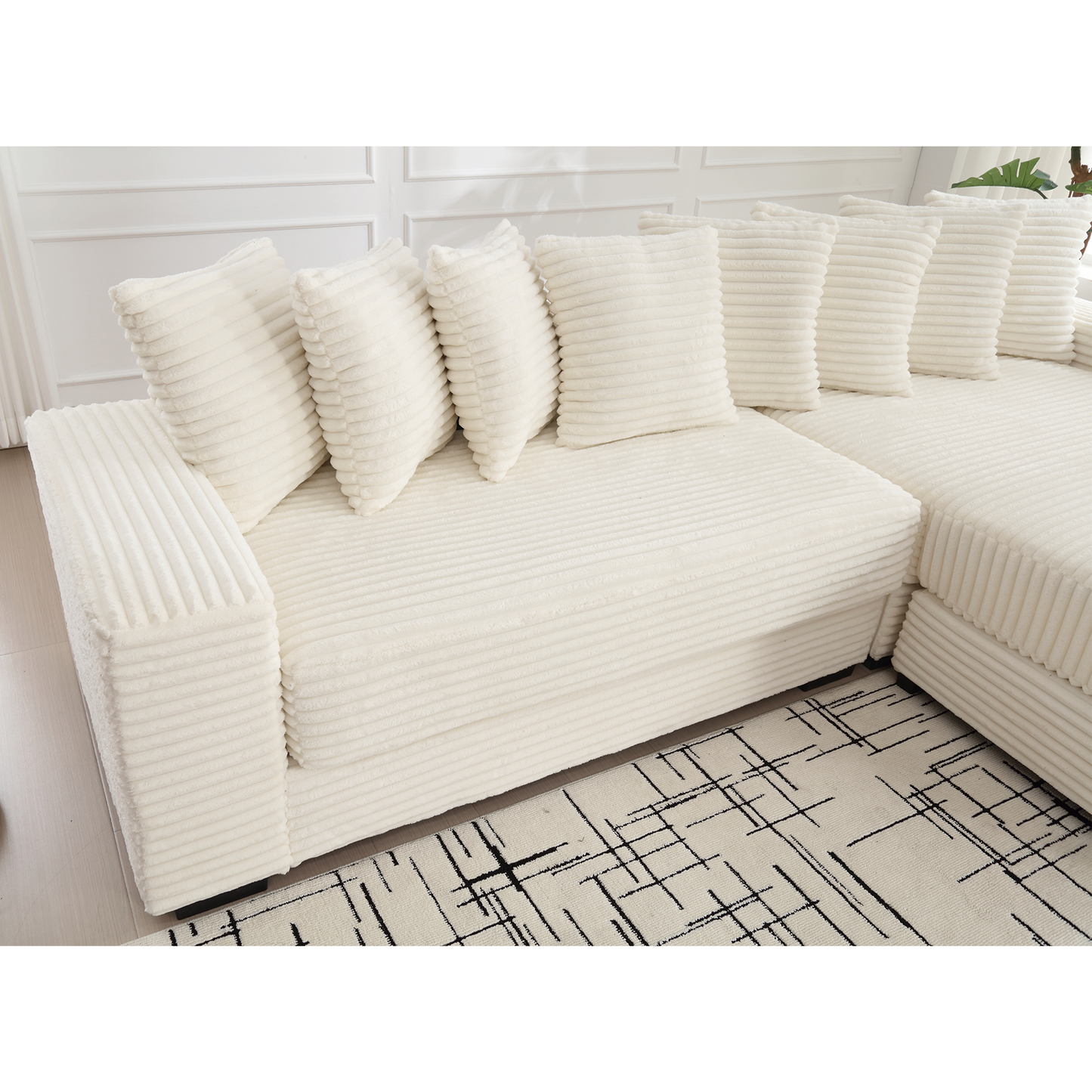 Oversized Two-Piece  Couches,  L Shaped Sofa, Corduroy, Right Chaise Daybed,with Armrests,Eight Throw Pillows,Corner Sofa,Easy To Assemble, Beige