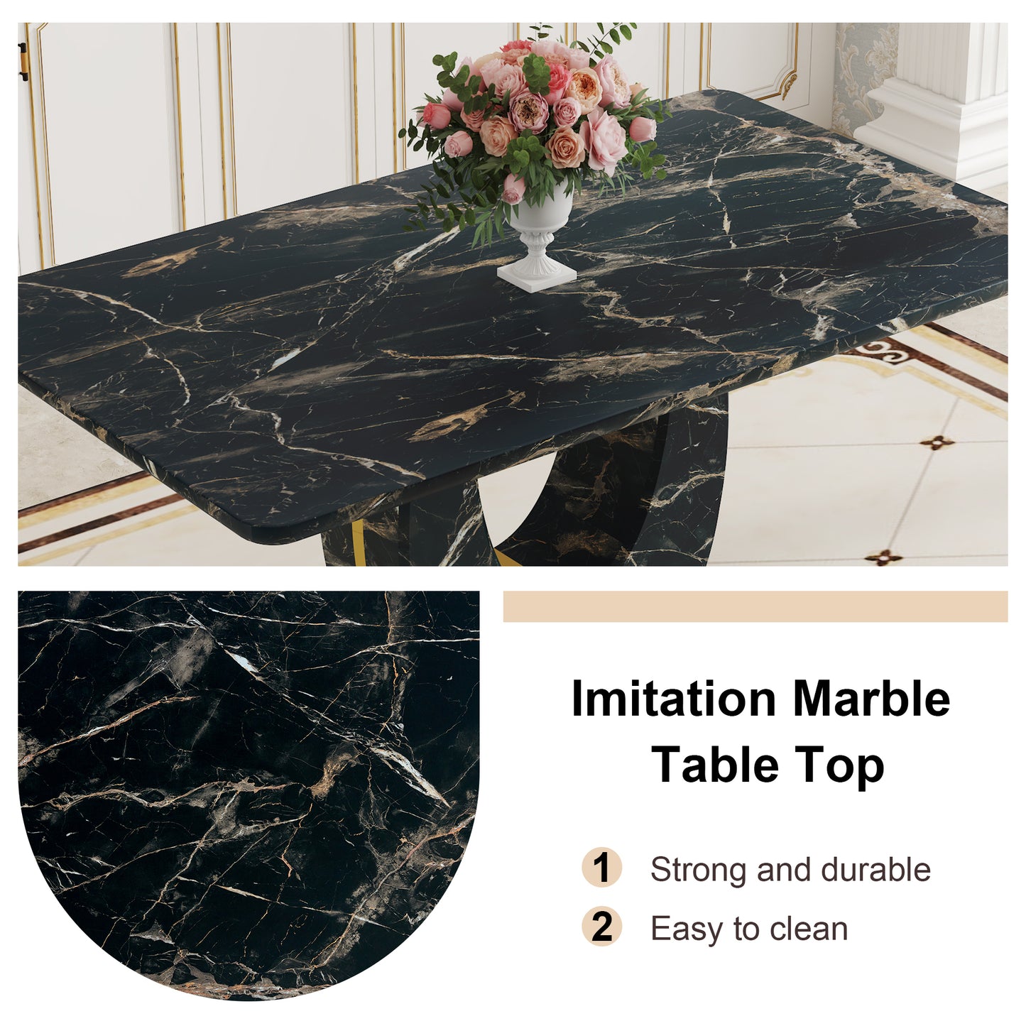 Table and chair set.Black Marble Pattern MDF Dining Table Set - 63"x37" with 6 Light Gray PU chairs with Featuring Arched Golden Metal legs.