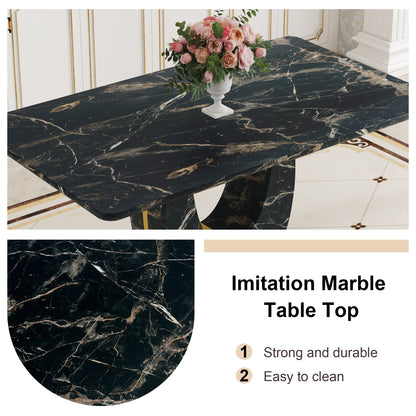 Table and chair set.Black Marble Pattern MDF Dining Table Set - 63"x37" with 6 Light Gray PU chairs with Featuring Arched Golden Metal legs.