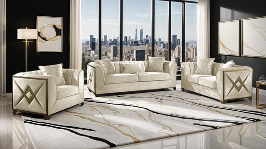Velencia 3-Pc Modern Living Room Set with Gold Accents & Tufted Upholstery
