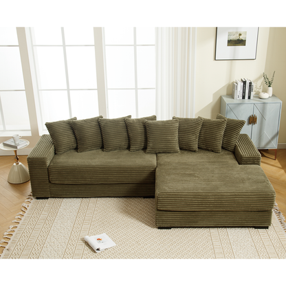 Oversized Two-Piece Couches, L Shaped Sofa, Corduroy, Right Chaise Daybed,with Armrests,Eight Throw Pillows,Corner Sofa,Easy To Assemble, Green