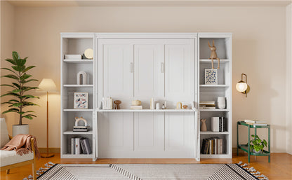Queen Size Murphy Bed with Desk and Bookshelf, White