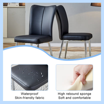 Table and chair set.Elegant Transparent Tempered Glass Dining Set - 71"x35.4" with 6 Black PU Chairs with a vertical stripe design on the backrest.