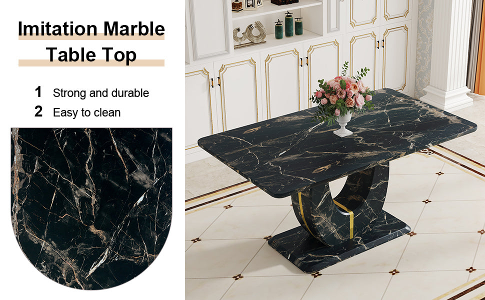 Table and chair set.Black Marble Pattern MDF Dining Table Set - 63"x37" with 6 Light Gray PU chairs with Featuring Arched Golden Metal legs.