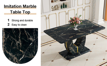 Table and chair set.Black Marble Pattern MDF Dining Table Set - 63"x37" with 6 Light Gray PU chairs with Featuring Arched Golden Metal legs.