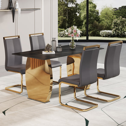 Table and chair set,Modern rectangular table with 0.4 inch black patterned tabletop and gold legs, suitable for kitchen, dining room, and living room , Comfortable PU seats,perfect for dinner, meet