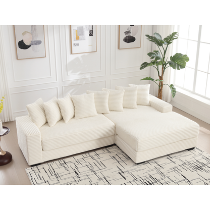 Oversized Two-Piece  Couches,  L Shaped Sofa, Corduroy, Right Chaise Daybed,with Armrests,Eight Throw Pillows,Corner Sofa,Easy To Assemble, Beige