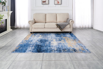 Alfombra de área súper suave lavable a máquina con diseño abstracto azul dorado (3,25 m x 2,35 m) de la colección ZARA