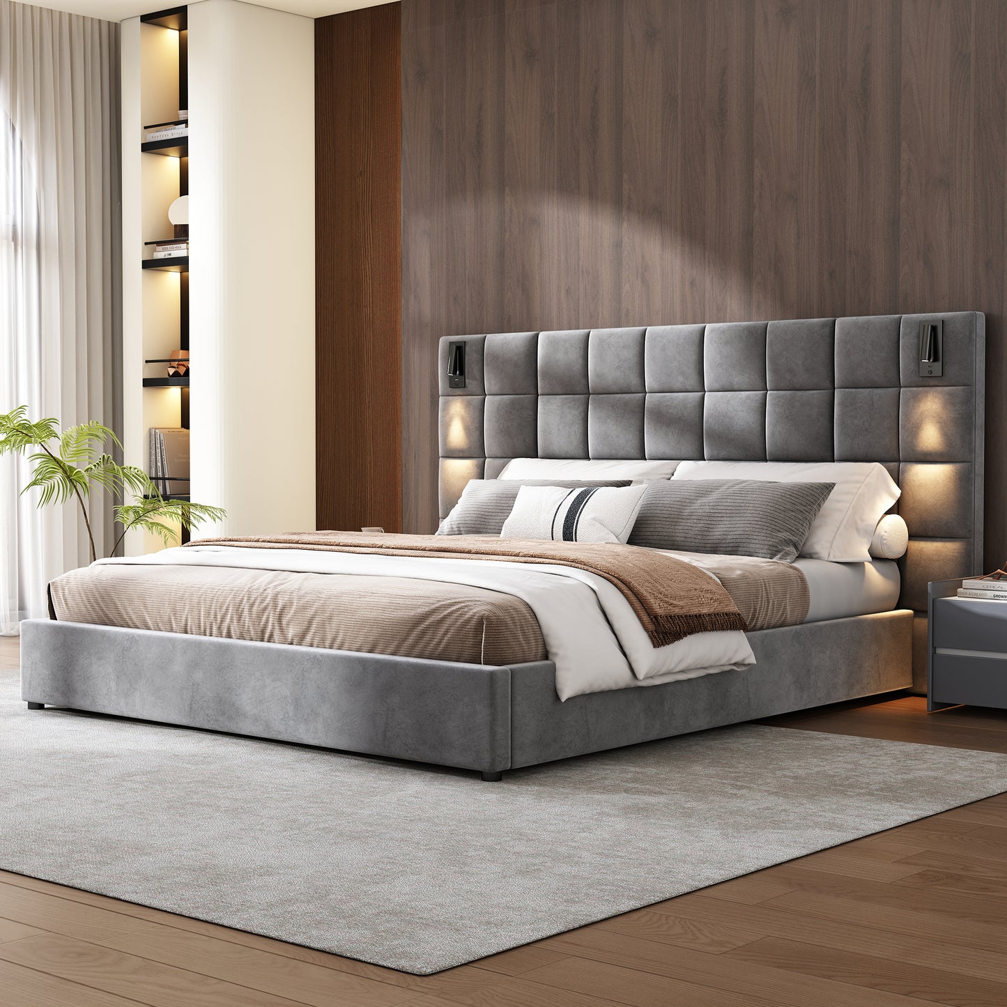 California King Size Upholstered Bed Frame,With Wall Sconce and USB Port, Wide Headboard, Velvet, Gray