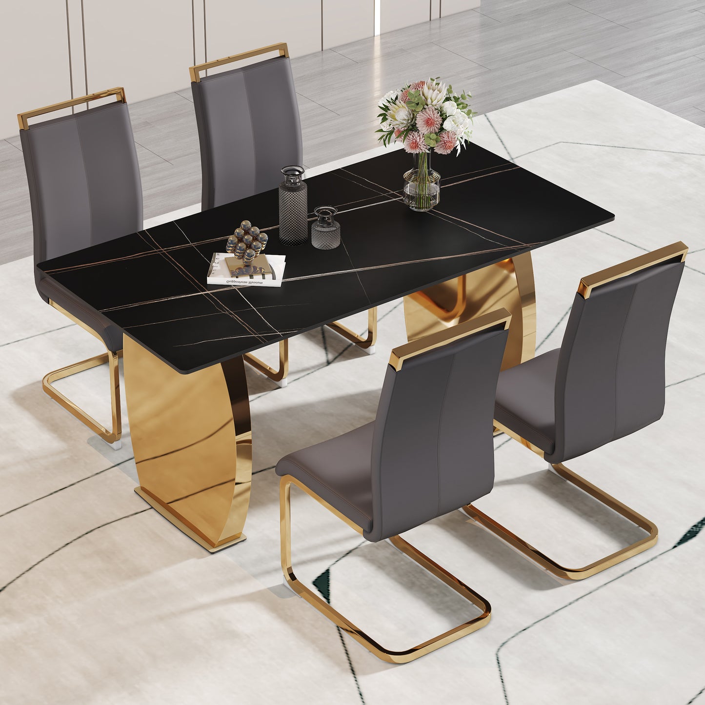 Table and chair set,Modern rectangular table with 0.4 inch black patterned tabletop and gold legs, suitable for kitchen, dining room, and living room , Comfortable PU seats,perfect for dinner, meet