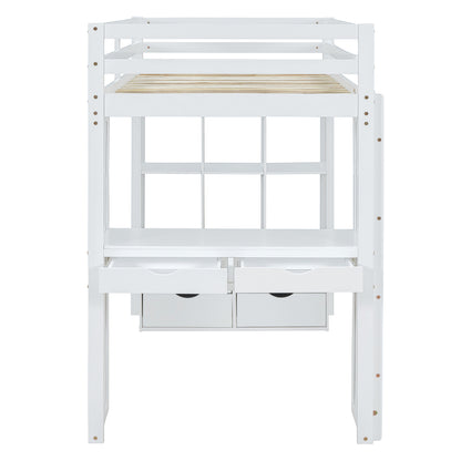 Twin Size Loft Bed with large shelves, writing desk and LED Light, White