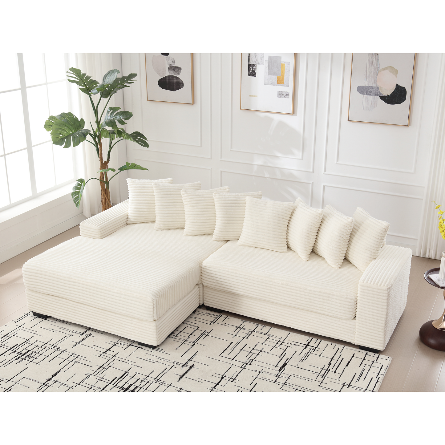 Oversized Two-Piece  Couches,  L Shaped Sofa, Corduroy, Left Chaise Daybed,with Armrests,Eight Throw Pillows,Corner Sofa,Easy To Assemble, Beige