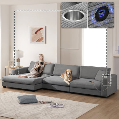 Sofá seccional extragrande de pana de 134 x 54 pulgadas, sofá nube en forma de L con puerto de carga USB, portavasos, sofá cama profundo con chaise longue de 50 pulgadas, cómodo mueble de interior para sala de estar, 3 colores
