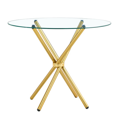 Round clear glass dining table with a unique shape for 4-6 people, with ring-shaped gathered gold metal legs, suitable for desks, kitchens, terraces, dining rooms.
