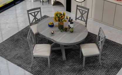 TREXM 5-Piece Retro Functional Dining Table Set Extendable Round Table and 4 Upholstered Chairs for Dining Room and Living Room (Grey)