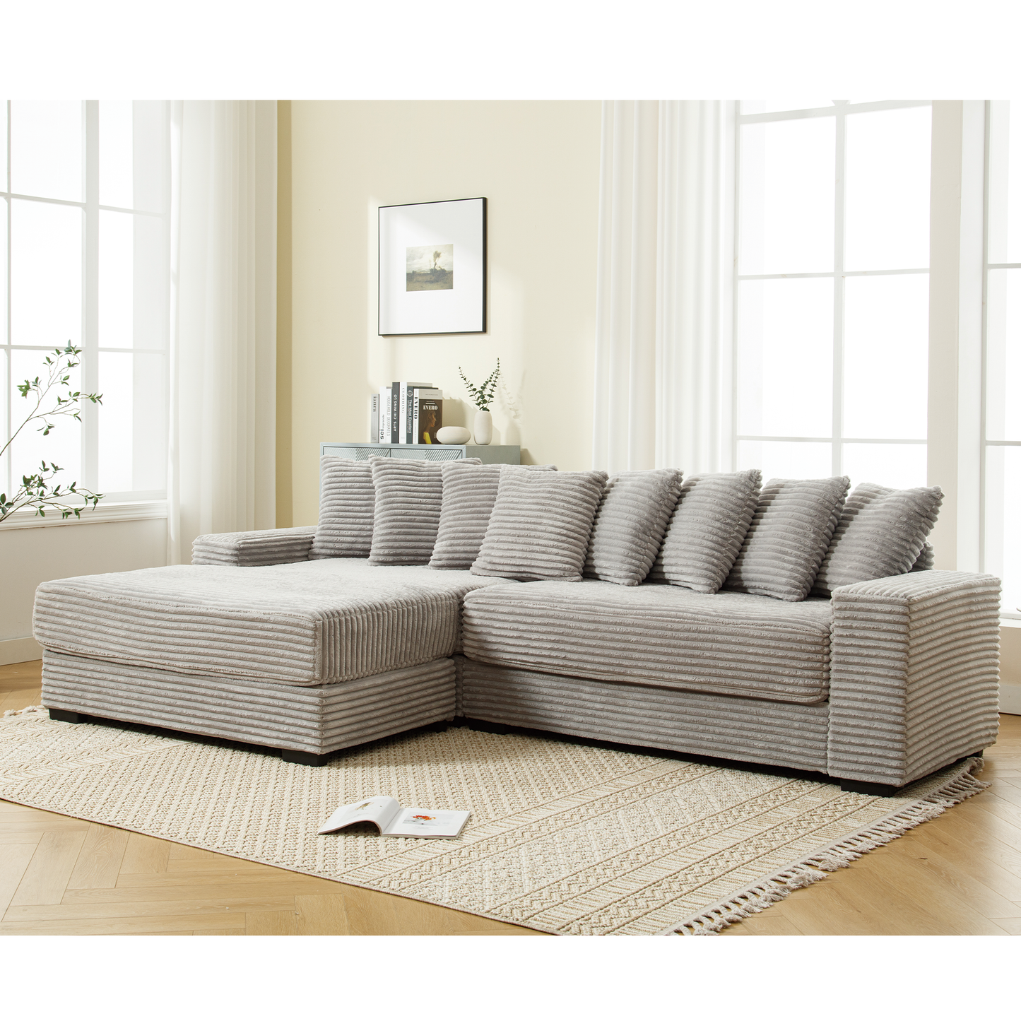 Oversized Two-Piece  Couches,  L Shaped Sofa, Corduroy, Left Chaise Daybed,with Armrests,Eight Throw Pillows,Corner Sofa,Easy To Assemble,  Gray
