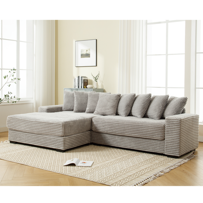 Oversized Two-Piece  Couches,  L Shaped Sofa, Corduroy, Left Chaise Daybed,with Armrests,Eight Throw Pillows,Corner Sofa,Easy To Assemble,  Gray