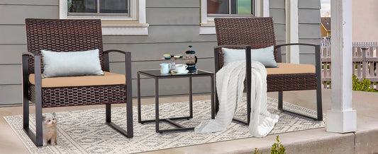 3 Piece Outdoor PE Wicker Furniture Set, Patio Brown Rattan Sectional Sofa Couch with Washable Cushions