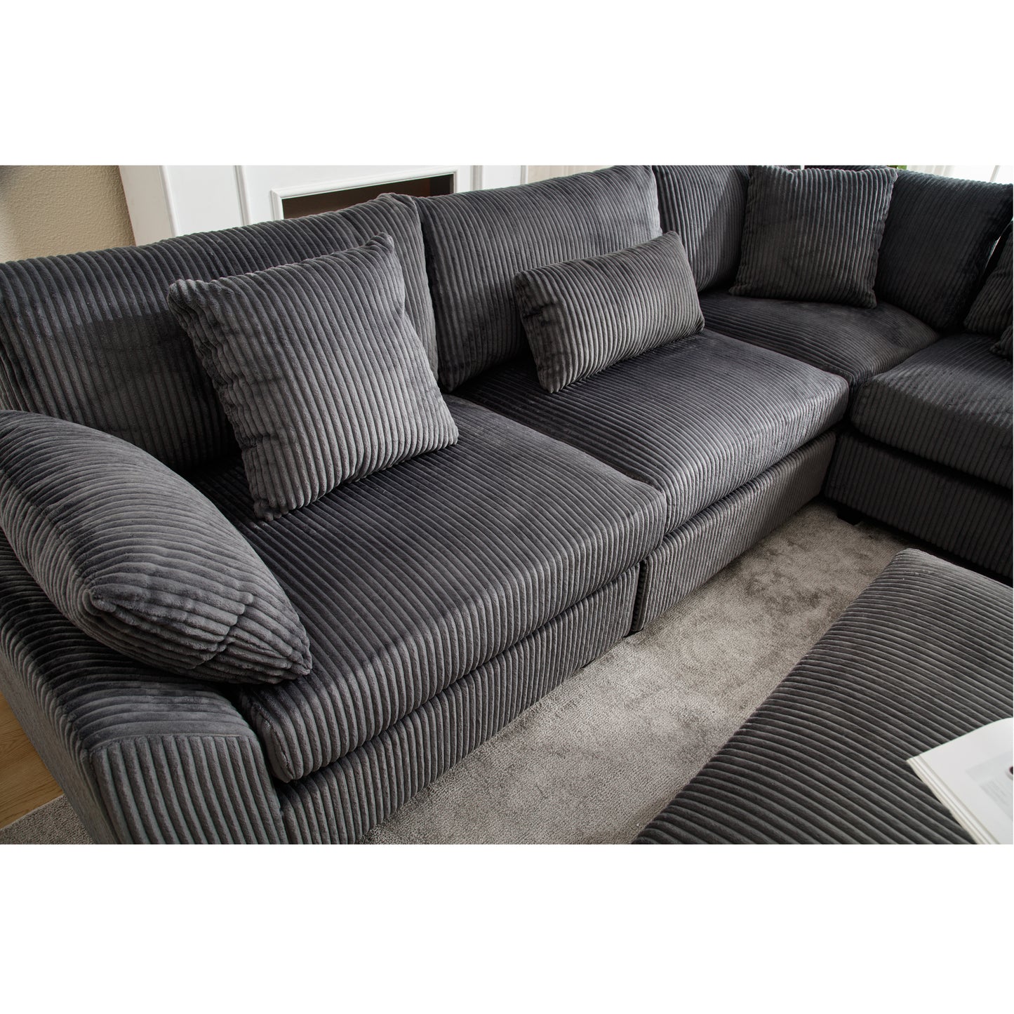 Oversized Modular Sectional Sofa Couches Set,Corduroy Upholstered Deep Seat Comfy Sofa for Living Room 5 Seat,Dark Gray