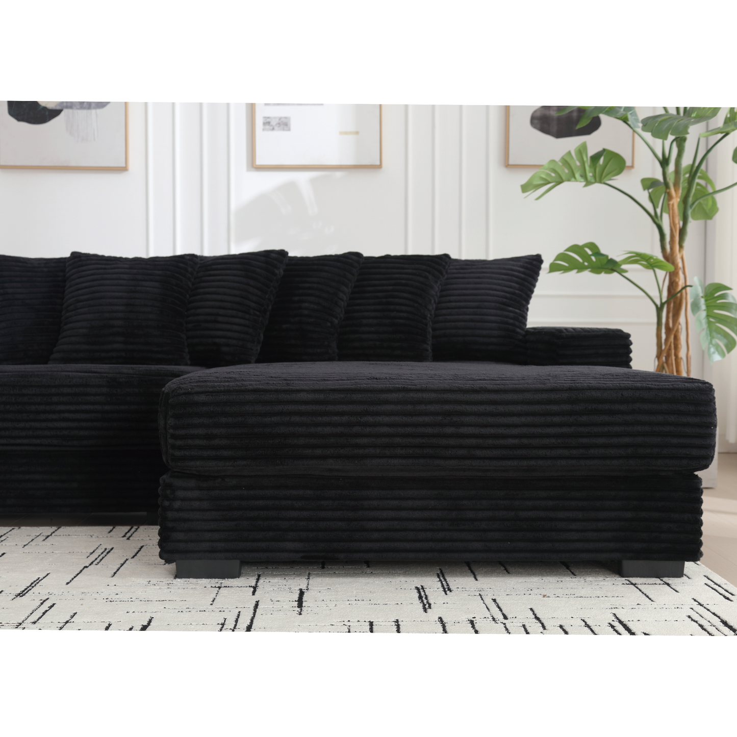 Oversized Two-Piece  Couches,  L Shaped Sofa, Corduroy, Right Chaise Daybed,with Armrests,Eight Throw Pillows,Corner Sofa,Easy To Assemble,  Black